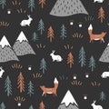 Scandinavian cartoon seamless pattern with hares, foxes trees, mushrooms, and mountains. Cute background for kids