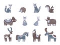 Scandinavian characters. Kids animals, nordic wolf bear deer. Cute ornamental hedgehog fox bunny, isolated nursery