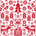 Scandinavian Christmas folk art seamless vector pattern wtih reindeer, birds, snowflakes and flowers, festive Nordic decoration Royalty Free Stock Photo