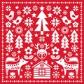 Scandinavian Christmas folk art vector pattern wtih reindeer, birds, snowflakes and flowers, festive Nordic dreeting card decorati