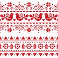 Scandinavian Christmas folk seamless vector long pattern, repetitive winter cute Nordic design with birds, Christmas trees, snowfl