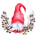 Scandinavian Christmas Gnome with lamp on dry branches wreath.