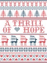 Scandinavian Christmas pattern inspired by A thrill of Hope lyrics festive winter elements in cross stitch with heart, snowflakes
