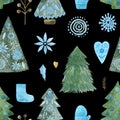 Scandinavian Christmas seamless pattern on black background Watercolor illustration of folk floral elements. Mysterious