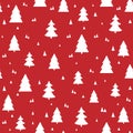 Scandinavian Christmas seamless pattern. Vector red background with white hand drawn Christmas trees Royalty Free Stock Photo