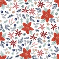Scandinavian Christmas seamless pattern. Winter fabric, textile design. Red poinsettia flowers, fir tree branches, holly Royalty Free Stock Photo