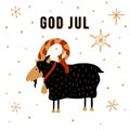 Scandinavian Christmas tradition. Christmas Yule Goat illustration with Danish text God Jul, Merry Christmas on English. Royalty Free Stock Photo