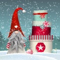 Scandinavian christmas traditional gnome, Tomte, with stack of colorful gift boxes, illustration Royalty Free Stock Photo