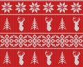 Scandinavian christmas winter seamless knitted pattern. Head deer silhouette or reindeer, snowflake and christmas tree.