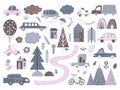 Scandinavian city elements. Abstract transportation, cute cars bicycle road to house. Nordic buildings, baby truck