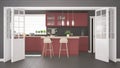 Scandinavian classic kitchen with wooden and red details, minima