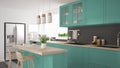 Scandinavian classic kitchen with wooden and turquoise details,