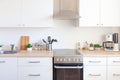 Scandinavian classic minimalistic kitchen with white and wooden details. Modern white kitchen clean contemporary style interior Royalty Free Stock Photo