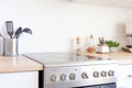 Scandinavian classic minimalistic kitchen with white and wooden details. Modern white kitchen clean contemporary style interior Royalty Free Stock Photo