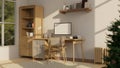 Scandinavian and comfortable home working room interior with computer on wood table Royalty Free Stock Photo