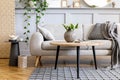 Scandinavian concept of living room interior with design sofa, coffee table, plant in pot, flowers, carpet, plaid, pillow, shelf.