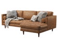 Scandinavian corner brown leather upholstery sofa with chaise lounge. 3d render Royalty Free Stock Photo
