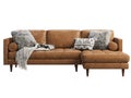 Scandinavian corner brown leather upholstery sofa with chaise lounge. 3d render Royalty Free Stock Photo