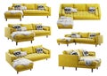 Scandinavian corner yellow velvet upholstery sofa with chaise lounge. 3d render. Collage Furniture collection Royalty Free Stock Photo