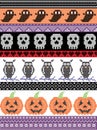 Scandinavian cross stitch and traditional American holiday inspired seamless Halloween pattern with owl,skull, heart, pumpkin