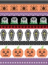 Scandinavian cross stitch and traditional American holiday inspired seamless Halloween pattern with spider, RIP grave, coffin