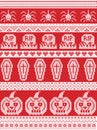 Scandinavian cross stitch and traditional American holiday inspired seamless Halloween pattern with spider, RIP grave, coffin,