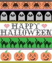 Scandinavian cross stitch and traditional American holiday inspired seamless Happy Halloween pattern with cat, spider, ghost, hear Royalty Free Stock Photo