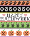 Scandinavian cross stitch and traditional American holiday inspired seamless Happy Halloween pattern with owl, ghost, skull