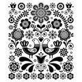 Scandinavian cute folk art vector decoration with birds and flowers, Scandinavian navy black and white floral pattern