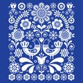 Scandinavian cute folk art vector decoration with birds and flowers, Scandinavian floral pattern in white on navy blue