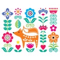 Scandinavian cute folk art vector design with flowers and fox, floral pattern perfect for greeting card or invitation inspired by
