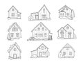 Scandinavian cute houses doodle set. Nordic house facades. Hand drawn sketch of tipical norway buildings. Typical northern facades