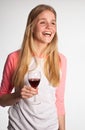 Scandinavian cute young girl red drinking wine