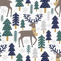 Cute deer, woods and snowflakes on white background.