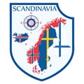 Scandinavian design. Heraldic shield, a background map of the Scandinavian Countries - Sweden, Norway, Denmark and