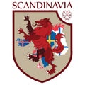 Scandinavian design. Heraldic shield, a wolf on a background map of the Scandinavian Countries - Sweden, Norway, Denmark