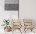 Scandinavian design home interior of living room with wooden armchairs, rattan basket, plants and trendy home accessories