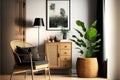 Scandinavian and design home interior of living room with wooden commode, design black lamp, rattan basket, plants and elegant