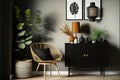 Scandinavian and design home interior of living room with wooden commode, design black lamp, rattan basket, plants and elegant