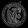 Scandinavian design. The nasal figure of the Viking ship Drakkar in the form of a dragone and runic circle