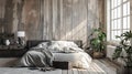 scandinavian farmhouse bedroom interior, wall mockup. AI Generative Royalty Free Stock Photo