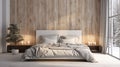 Scandinavian farmhouse bedroom interior. Wall mockup. Bed with light white bedding. Dry plants. 3d render. High quality 3d