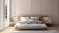 Scandinavian farmhouse bedroom interior. Wall mockup. Bed with light white bedding. Dry plants. 3d render. High quality 3d