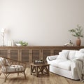 Scandinavian farmhouse living room interior, wall mockup Royalty Free Stock Photo