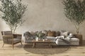 Scandinavian farmhouse style beige living room interior with mock up wall backgroundm 3d render illustration