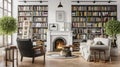 Scandinavian farmhouse style living room interior book library with fireplace. Generative Ai Royalty Free Stock Photo