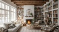 Scandinavian farmhouse style living room interior book library with fireplace. Generative Ai Royalty Free Stock Photo