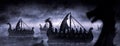 Scandinavian fleet sailing on long wooden ships on mysterious waters. Fantasy landscape with vikings on dragon boats with shields