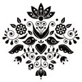 Scandianvian traditional folk art vector design with flowers and birds, inspired by traditional embroidery patterns from Sweden in Royalty Free Stock Photo