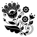 Floral folk art vector design inspired by traditional embroidery patterns from Sweden, Scandinavian retro decoration with black an